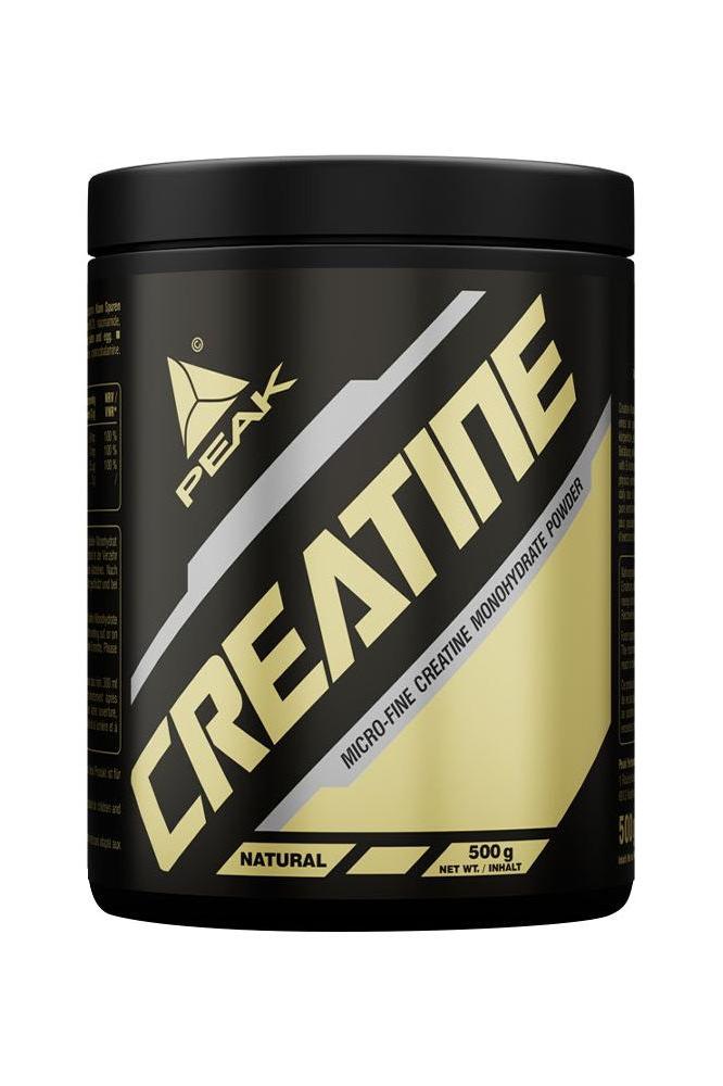 Peak Creatine Monohydrate powder 500 g in a sleek black container for improved athletic performance.