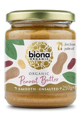 Biona Organic Peanut Butter jar, smooth unsalted, made with natural ingredients, free from palm oil, 250g.
