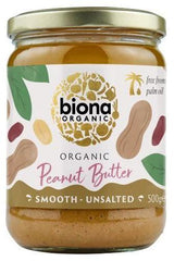 Biona Organic Peanut Butter jar, smooth and unsalted, made with fresh roasted peanuts, free from palm oil.