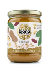 Biona Organic crunchy salted peanut butter jar, 500g, made with natural ingredients and no palm oil.