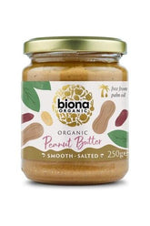 Biona Organic peanut butter jar, smooth and salted, 250g, free from palm oil, made with natural ingredients.