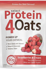 PEScience Select Protein 4 Oats packaging, offering 20g protein per serving, strawberry cream flavor for enriched oatmeal.