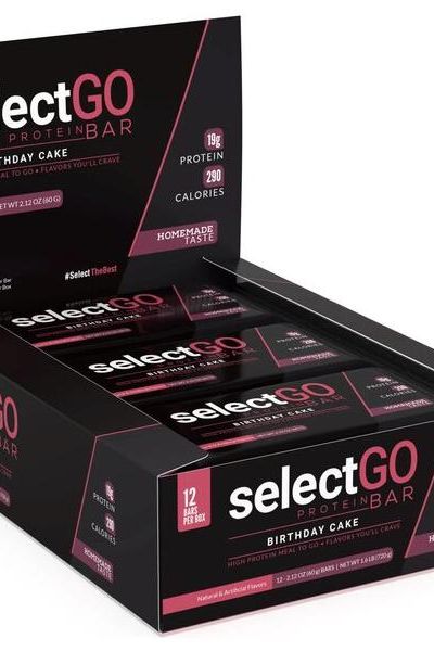 PEScience SelectGo Protein Bar box showcasing the Birthday Cake flavor, featuring 19g protein and 290 calories per bar.