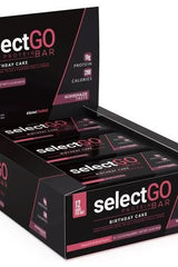 PEScience SelectGo Protein Bar box showcasing the Birthday Cake flavor, featuring 19g protein and 290 calories per bar.