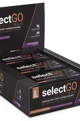 PEScience SelectGo Protein Bar box featuring chocolate chip cookie dough flavor with 19g protein per bar.