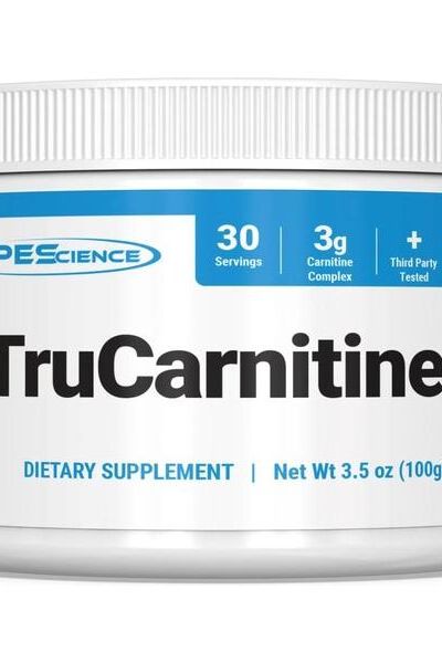 PEScience TruCarnitine dietary supplement powder container, 30 servings, 3g carnitine complex.