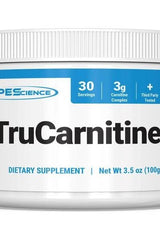 PEScience TruCarnitine dietary supplement powder container, 30 servings, 3g carnitine complex.