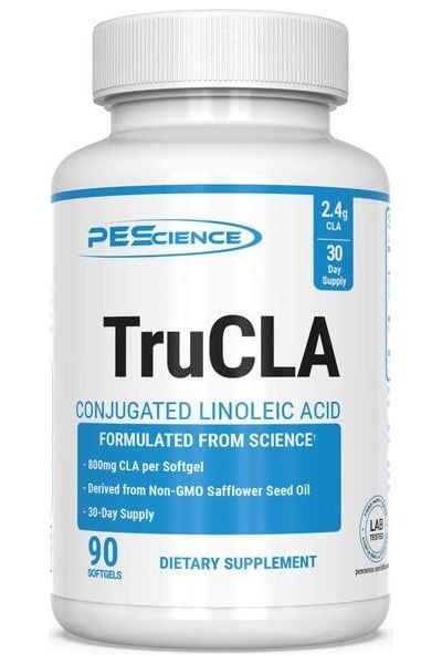 PEScience TruCLA dietary supplement bottle for weight loss and muscle support, 90 softgels, 30-day supply.
