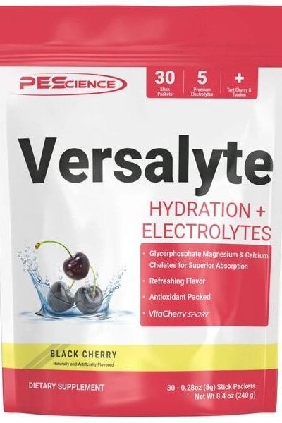 PEScience Versalyte Electrolyte Powder for hydration with black cherry flavor in a 30 stick pack.