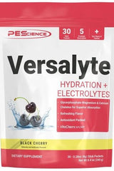 PEScience Versalyte Electrolyte Powder for hydration with black cherry flavor in a 30 stick pack.