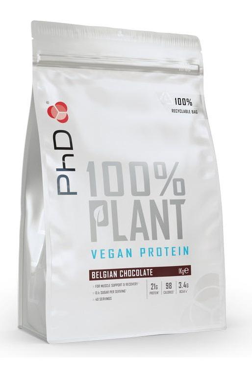 PhD 100% Plant vegan protein powder package in Belgian chocolate flavor, 1 kg, recyclable bag.