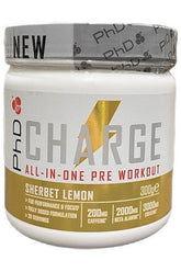 PhD Charge All-In-One Pre-Workout in Sherbet Lemon flavor, 300g, featuring 200mg caffeine and fully dosed ingredients.