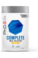 PhD Complete Meal Solution packaging, a high-protein vegan meal replacement with 23 essential vitamins.