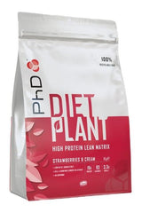 PhD Diet Plant vegan protein powder packaging, strawberries & cream flavor, high protein for weight loss and muscle growth.