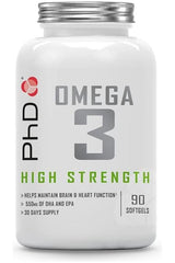 PhD Omega-3 supplement bottle with 90 softgels, supports brain and heart function, 550mg DHA and EPA.
