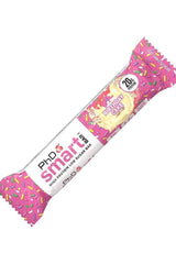 PhD Smart Bar Birthday Cake flavor, 20g protein, low sugar, snack bar with colorful sprinkles packaging.
