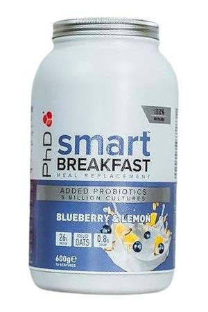PhD Smart Breakfast Shake in Blueberry Lemon flavor, high protein, low sugar, includes probiotics and oats.