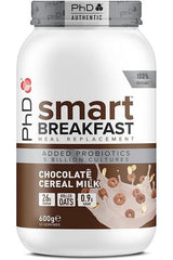 PhD Smart Breakfast Shake in chocolate cereal milk flavor, high protein and low sugar meal replacement, with added probiotics.