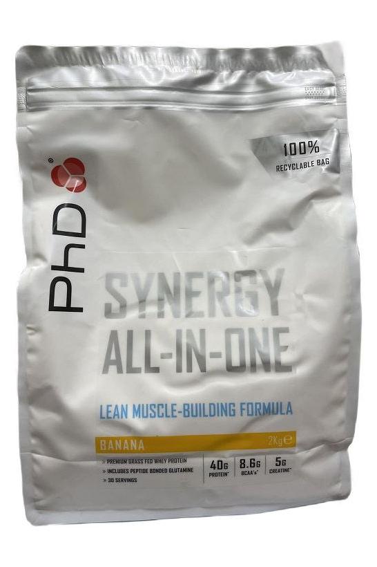 PhD Synergy All-In-One protein bag, lean muscle-building formula in banana flavor, 100% recyclable.