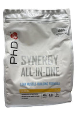 PhD Synergy All-In-One protein bag, lean muscle-building formula in banana flavor, 100% recyclable.