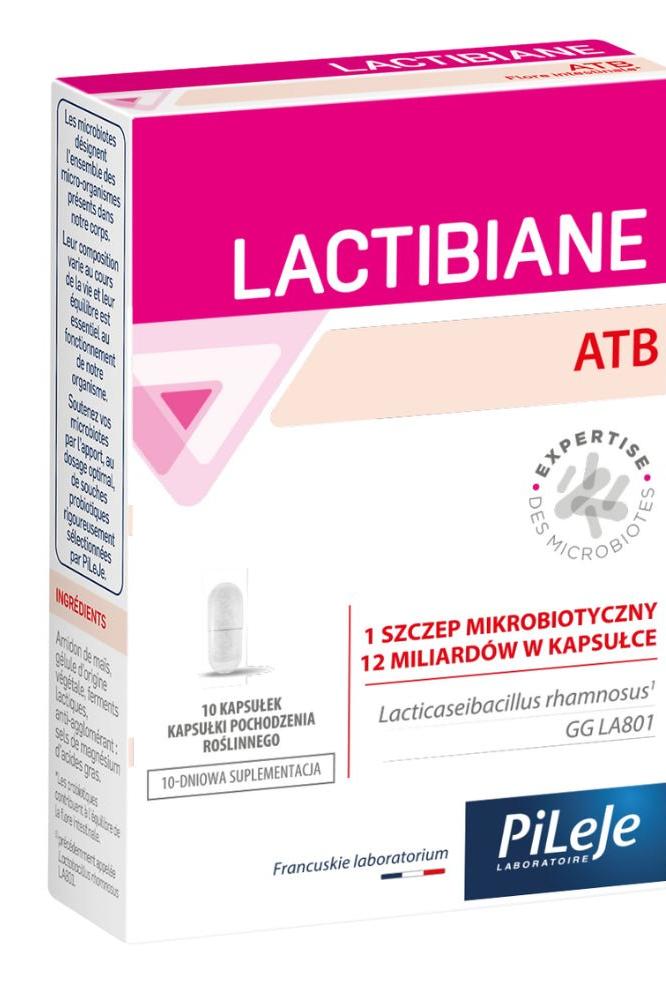 Pileje Lactibiane Atb probiotic capsules for gut health during antibiotic treatment, 10 capsules packaging.