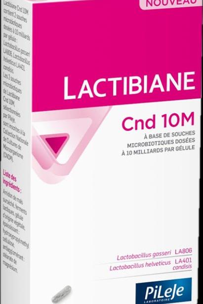 Lactibiane Cnd 10M probiotic supplement box with 30 capsules promoting gut health and preventing yeast infections.