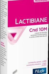 Lactibiane Cnd 10M probiotic supplement box with 30 capsules promoting gut health and preventing yeast infections.