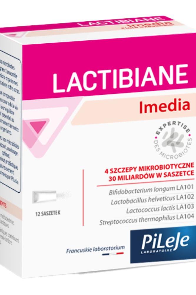 Pileje Lactibiane Imedia probiotic sachets packaging with 12 doses for gut health and balance.