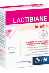 Pileje Lactibiane Imedia probiotic sachets packaging with 12 doses for gut health and balance.
