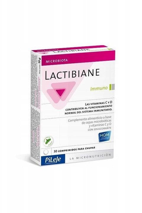 Pileje Lactibiane Immuno probiotic supplement for immune support, 30 chewable tablets in box.