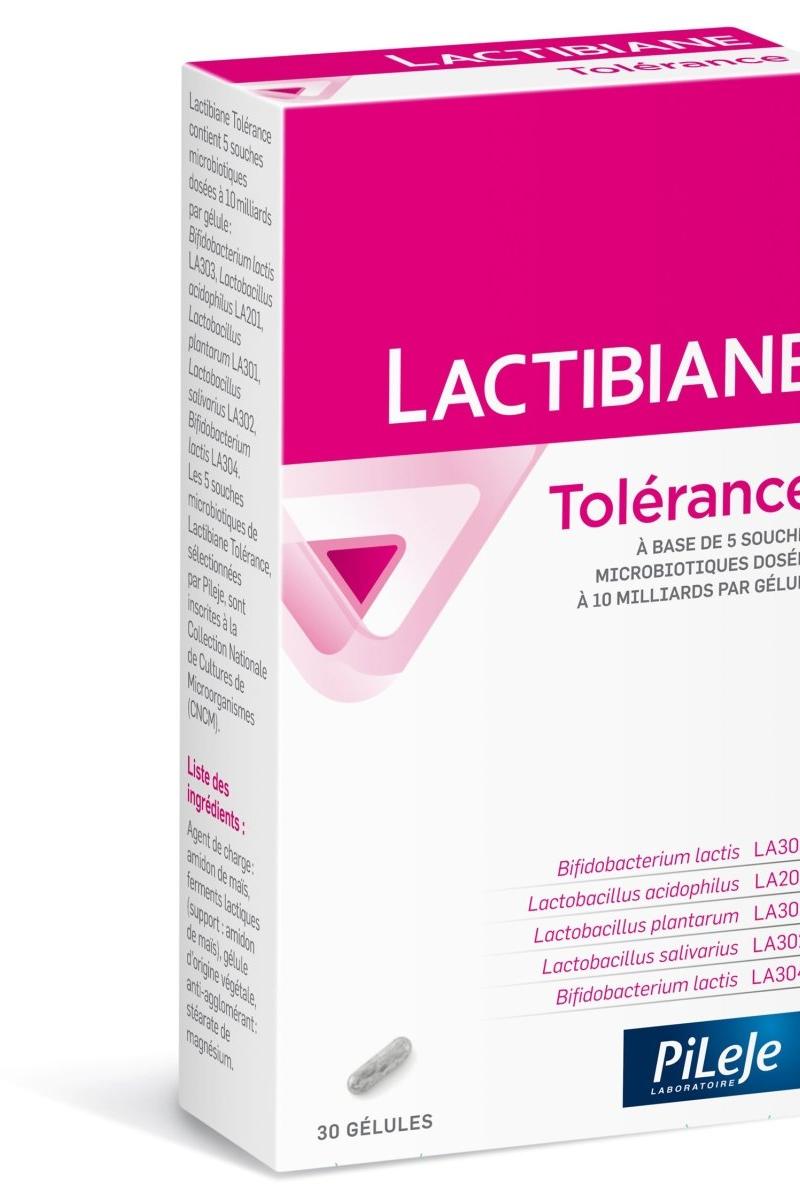 Pileje Lactibiane Tolerance probiotic capsules for gut health and diarrhea relief, 30 capsules packaging.