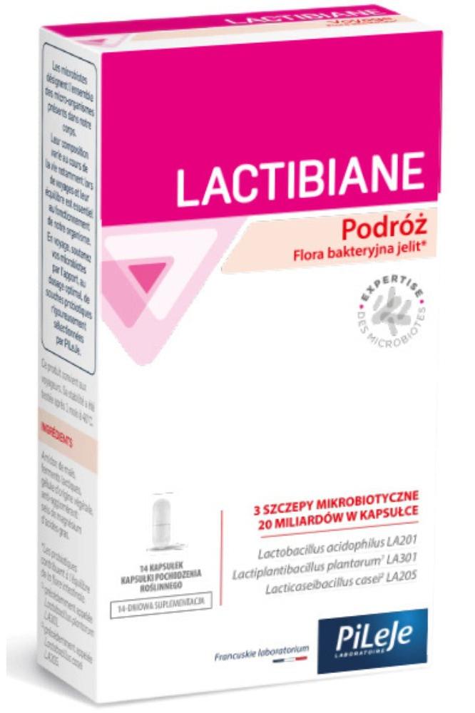 Pileje Lactibiane Travel probiotics for travelers, 14 caps, supports gut health and relieves travel diarrhea.