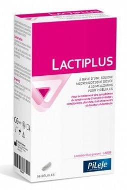 Pileje Lactiplus packaging, dietary supplement for gut health, 56 capsules, regulates intestinal disorders.