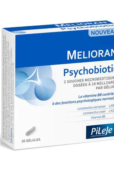 Pileje Melioran Psychobiotic 30 capsules for stress relief and mental health support.