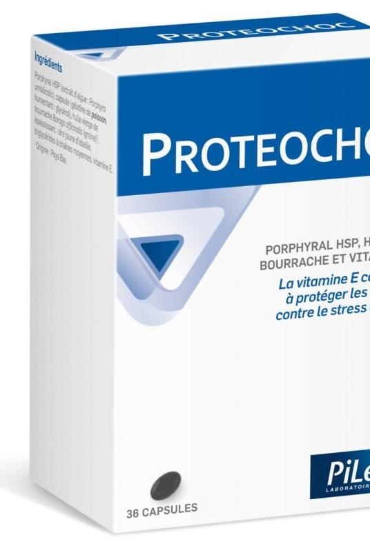 Pileje Proteochoc supplement box with 36 capsules for stress management and natural health support.