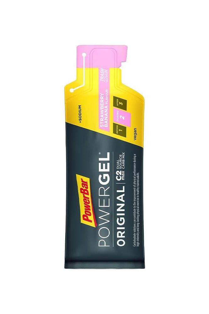 PowerBar PowerGel Original Strawberry Banana 41g package with C2MAX Dual Source Carb Mix for endurance training.