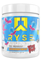 RYSE Element Series Blue Raspberry Ring Pop Pre-Workout supplement with vibrant packaging for enhanced energy and focus.
