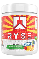 Ryse Element Series Pre-Workout Sunny D flavor, orange strawberry, dietary supplement for energy and performance.