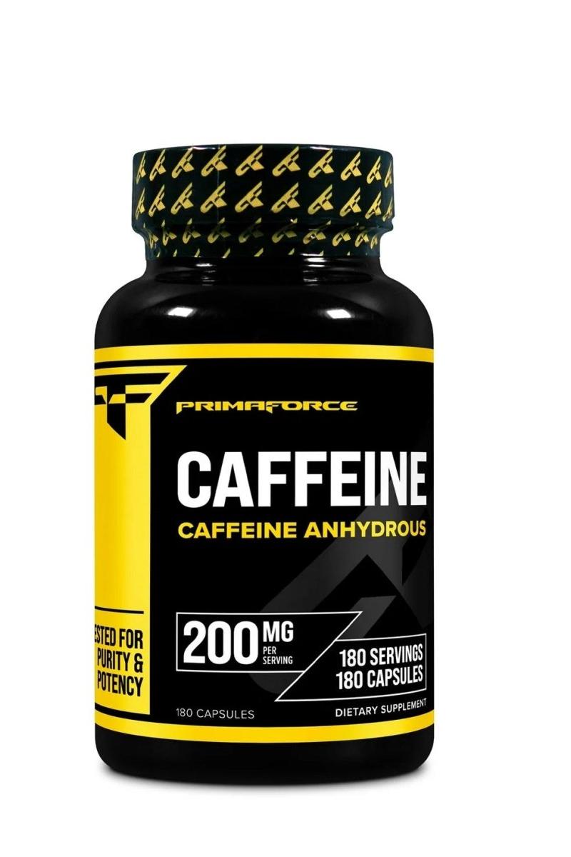 Primaforce Caffeine supplement bottle with 200 mg per serving, 180 capsules for optimal performance and focus.