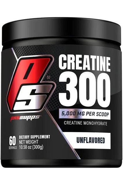 Pro Supps Creatine 300 supplement container with 5000 mg per scoop and 60 servings, unflavored creatine monohydrate.