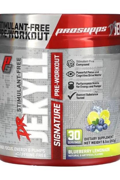 Pro Supps Dr. Jekyll Signature Blueberry Lemonade pre-workout supplement canister, stimulant-free, 30 servings, 243g.