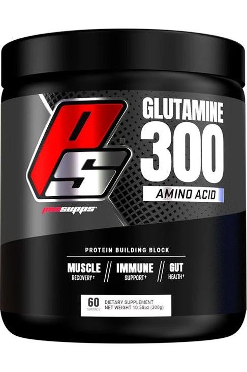 Pro Supps Glutamine 300 jar for muscle recovery, immune support, and gut health, 60 servings, dietary supplement.
