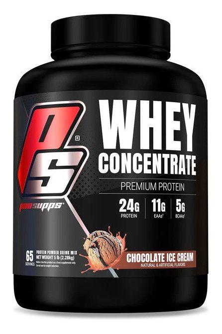 Pro Supps Whey Concentrate protein powder jar, 24g protein per serving, Chocolate Ice Cream flavor.