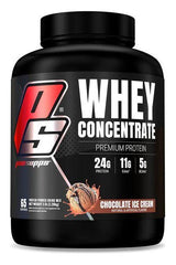 Pro Supps Whey Concentrate protein powder jar, 24g protein per serving, Chocolate Ice Cream flavor.