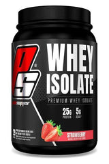 Pro Supps Whey Isolate protein powder container, strawberry flavor, 25g protein, 5g BCAA for muscle growth.