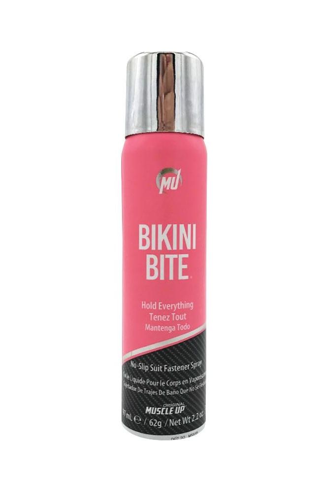 Pro Tan Bikini Bite No-Slip Suit Fastener Spray, pink bottle for secure bikini hold and comfort.