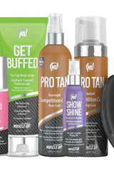 Pro Tan female bikini competition kit featuring exfoliator, base coat, top coat, and posing oil for a flawless tan.