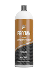 Pro Tan Instant Competition Color Top Coat bottle, ideal for airbrush tanning, provides streak-free, rapid-drying color.