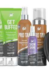 Pro Tan Male Competitor Kit with Get Buffed exfoliator, overnight competition color base coat, and instant top coat.