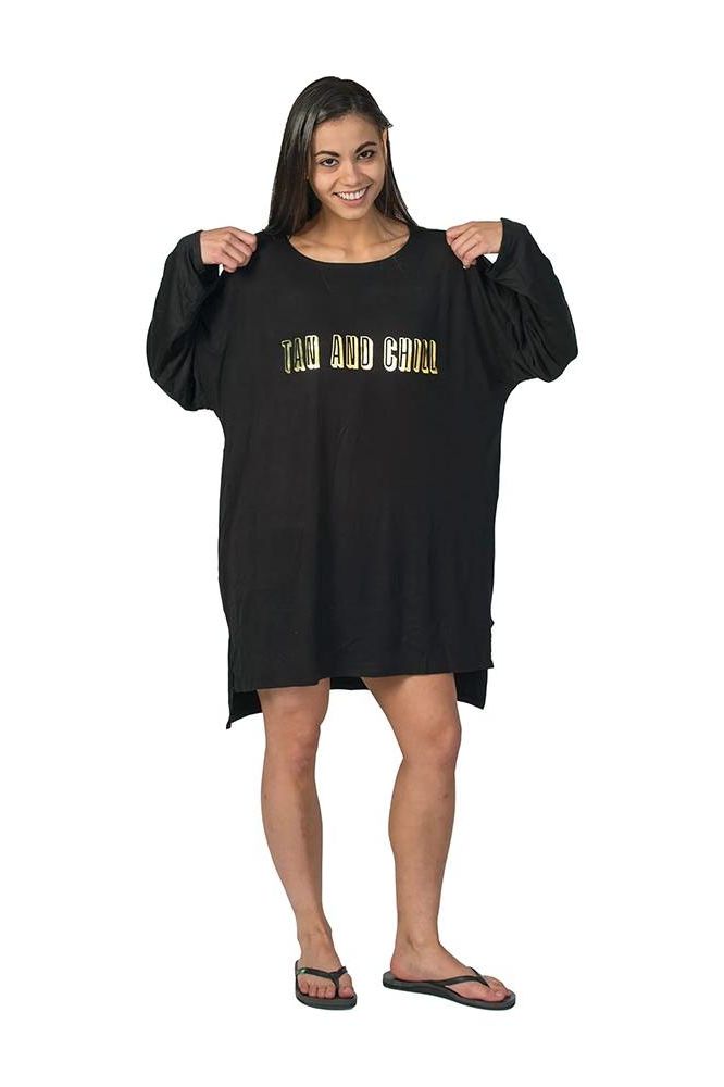 Model wearing Pro Tan Tan and Chill shirt, showcasing comfort and style in a relaxed fit.